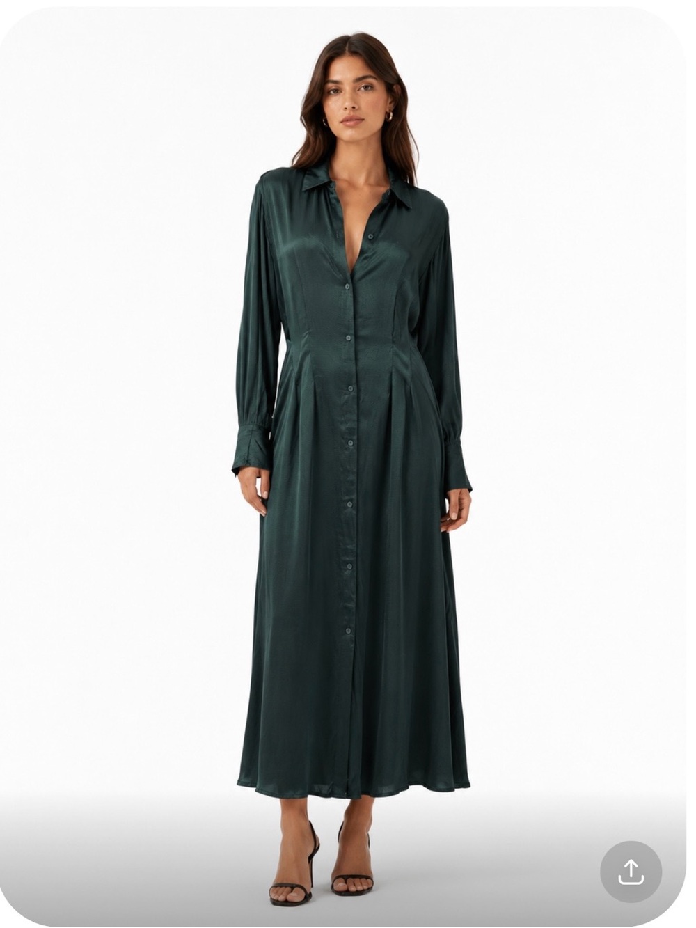 EVERLANE Long Button-Front Satin Shirt Dress in Deep Emerald Size 14